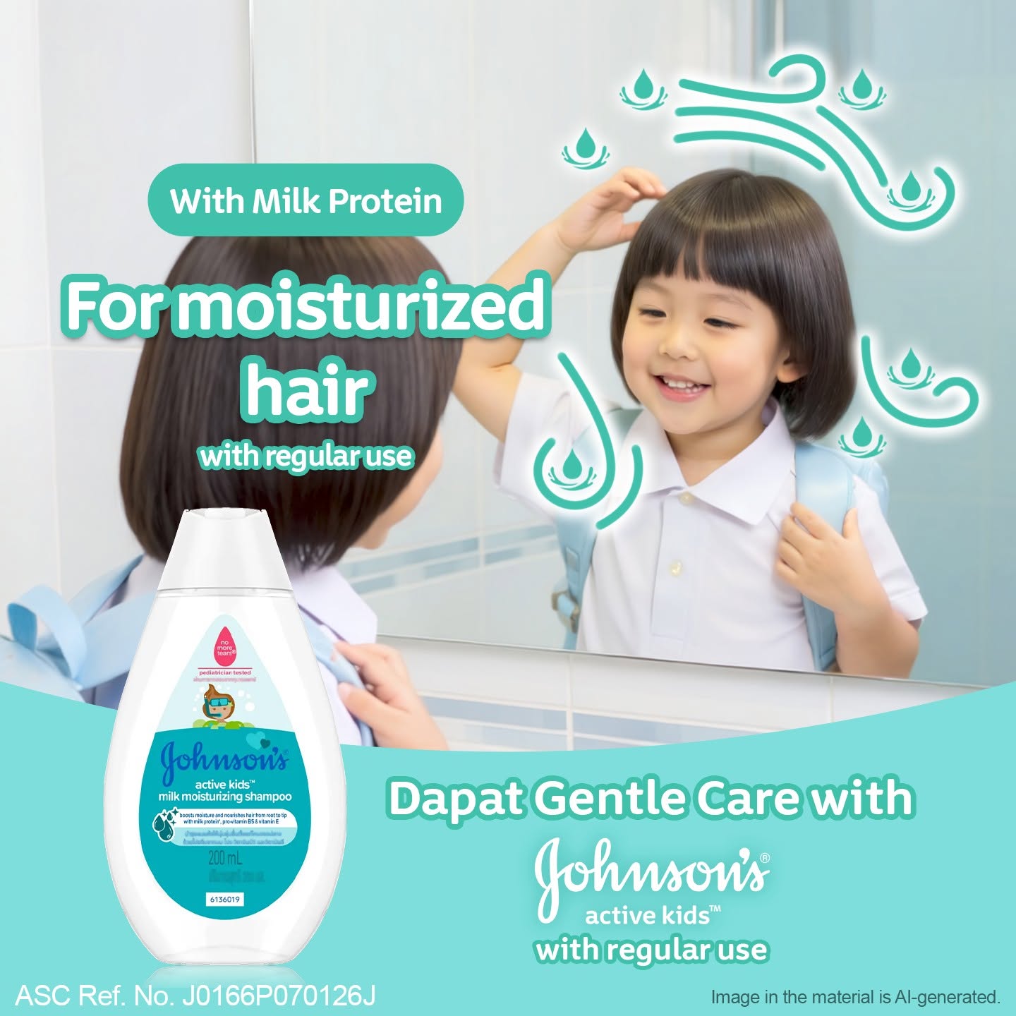Johnson's Active Kids Milk Protein shampoo ad with a girl at a bathroom mirror